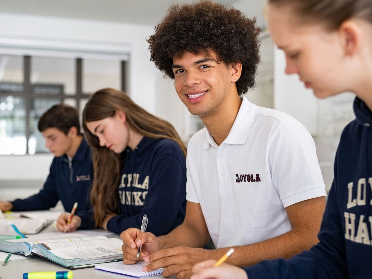 A candid photo of a group on Loyola students working independently in a math class